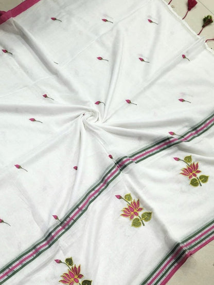 Lotus Embroidered White Mul Cotton Saree