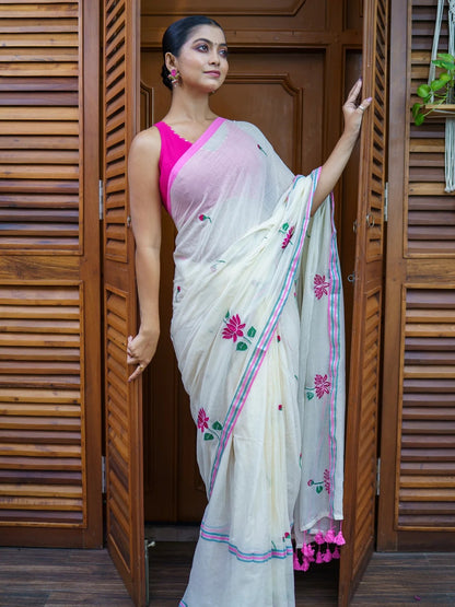 Lotus Embroidered White Mul Cotton Saree