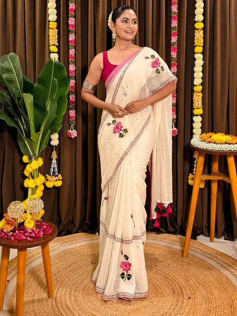 Lotus Embroidered White Mul Cotton Saree