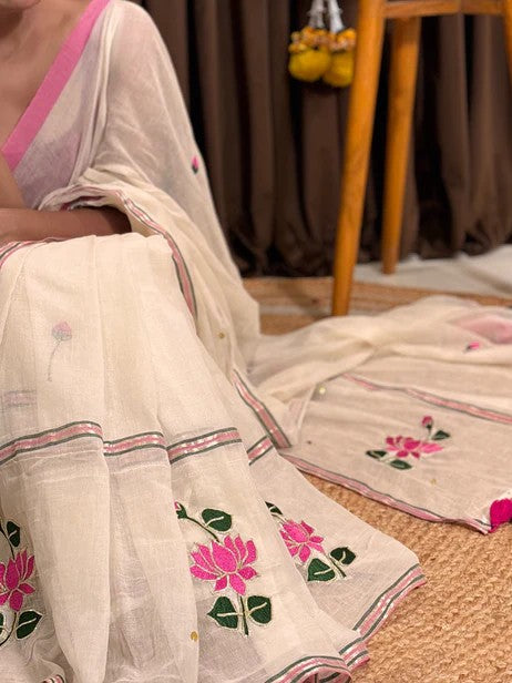 Lotus Embroidered White Mul Cotton Saree