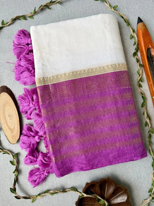 Royal Amethyst: Ivory Mul Cotton Saree with Ornate Vadamalli & Gold Kanchi Borders