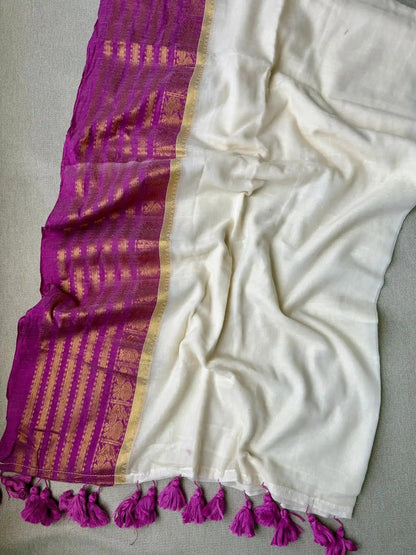 Royal Amethyst: Ivory Mul Cotton Saree with Ornate Vadamalli & Gold Kanchi Borders