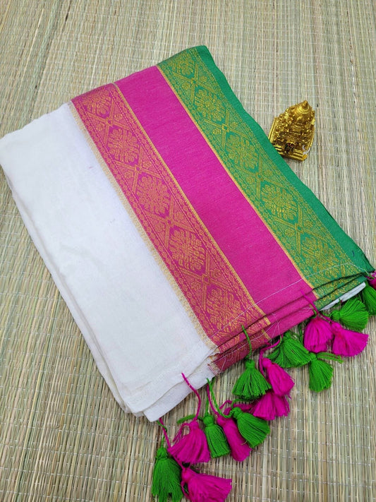 Festive Flora: Off-White Mul Cotton Saree with Rani Pink & Emerald Borders
