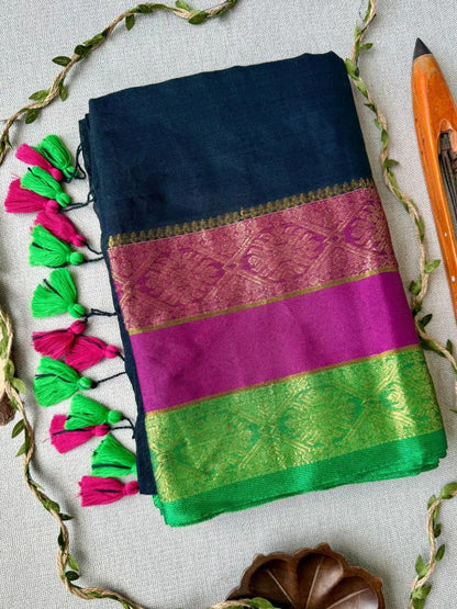 Swasika inspired Black Mul Cotton Saree with Rani & Emerald Zari Borders