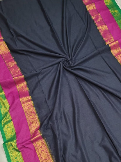Swasika inspired Black Mul Cotton Saree with Rani & Emerald Zari Borders