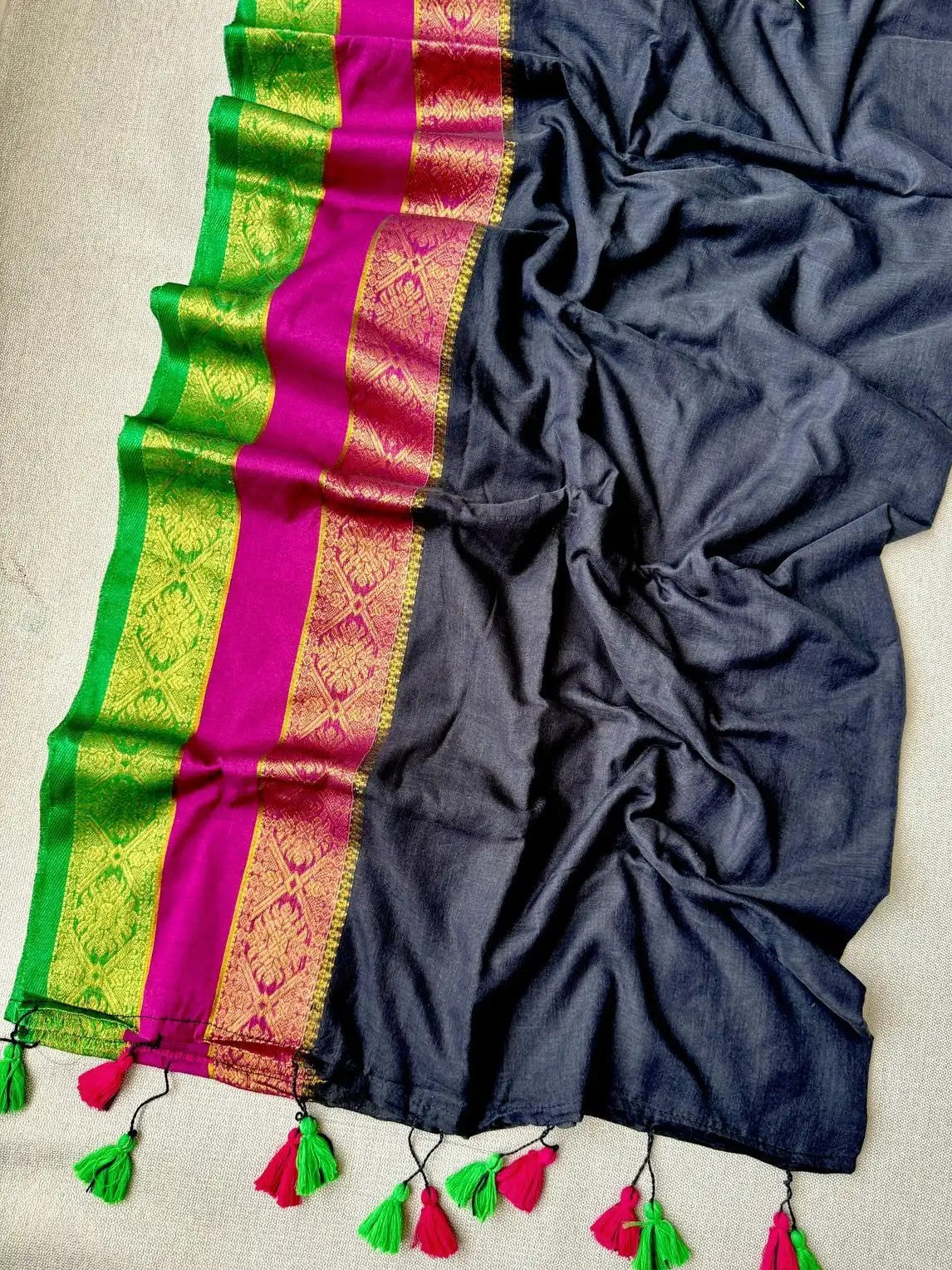 Swasika inspired Black Mul Cotton Saree with Rani & Emerald Zari Borders