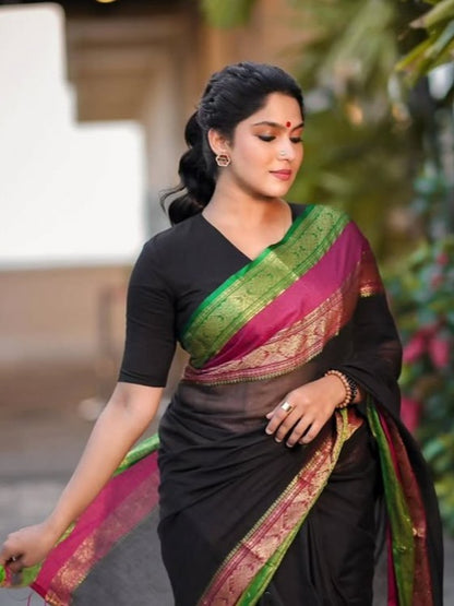 Swasika inspired Black Mul Cotton Saree with Rani & Emerald Zari Borders