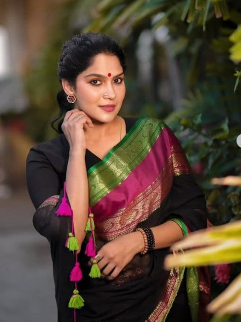 Swasika inspired Black Mul Cotton Saree with Rani & Emerald Zari Borders