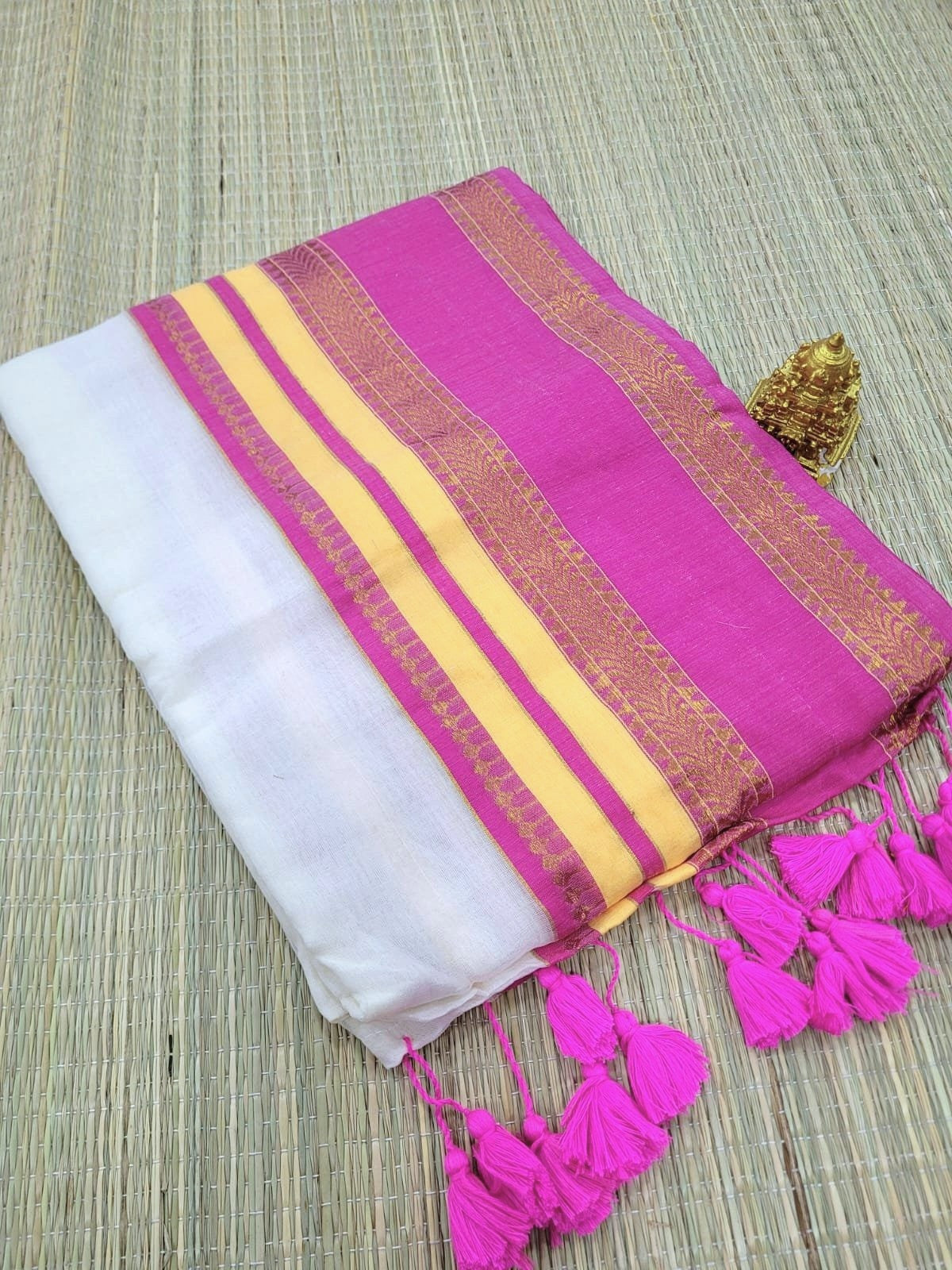 Vibrant Heritage: Off-White Mul Cotton Saree with Rani Pink & Yellow Kanchi Borders