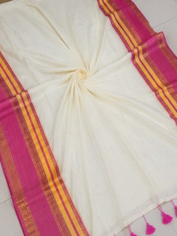 Vibrant Heritage: Off-White Mul Cotton Saree with Rani Pink & Yellow Kanchi Borders