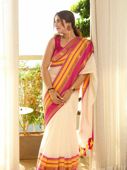 Vibrant Heritage: Off-White Mul Cotton Saree with Rani Pink & Yellow Kanchi Borders