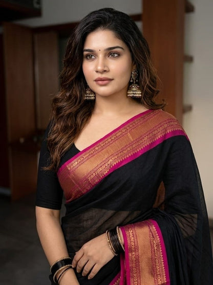 Midnight Elegance: Pure Mul Cotton Saree in Jet Black with Fuchsia & Zari Border