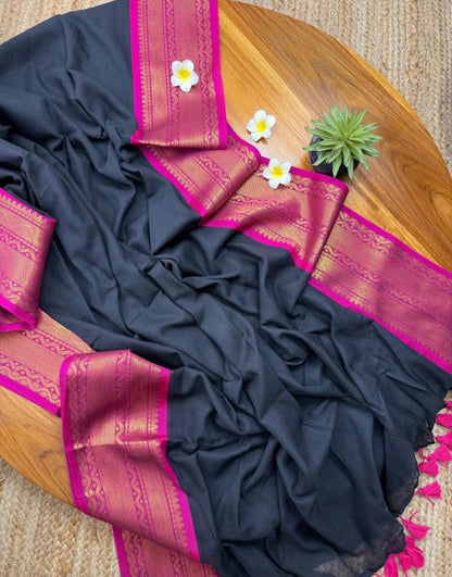 Midnight Elegance: Pure Mul Cotton Saree in Jet Black with Fuchsia & Zari Border