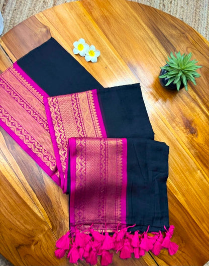 Midnight Elegance: Pure Mul Cotton Saree in Jet Black with Fuchsia & Zari Border