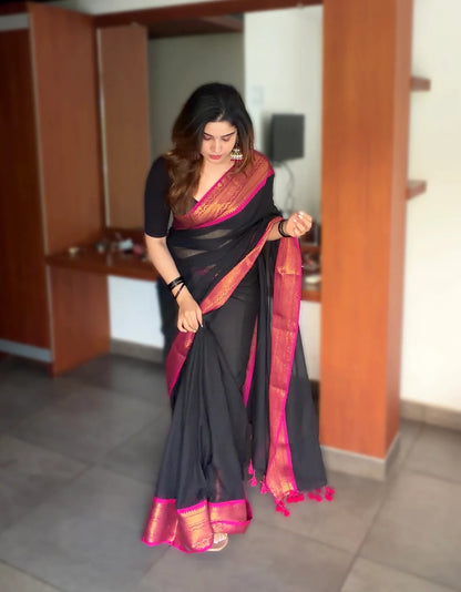 Midnight Elegance: Pure Mul Cotton Saree in Jet Black with Fuchsia & Zari Border