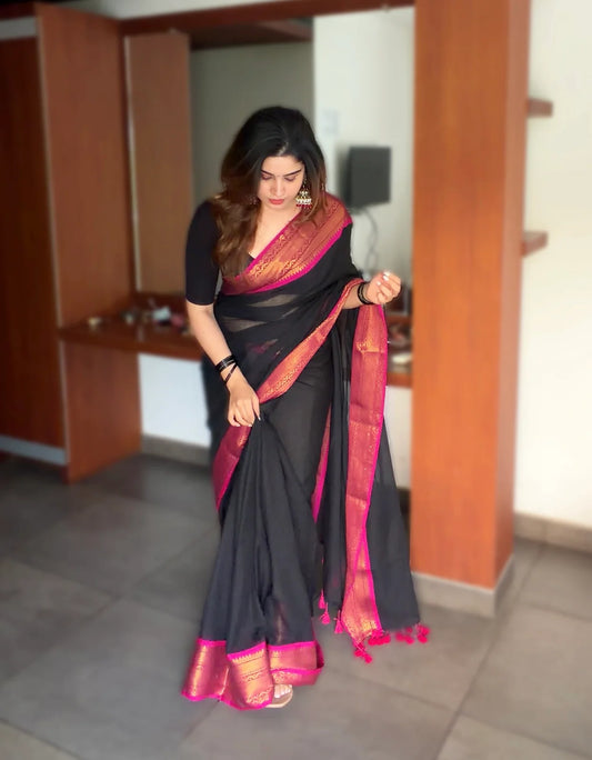 Midnight Elegance: Pure Mul Cotton Saree in Jet Black with Fuchsia & Zari Border