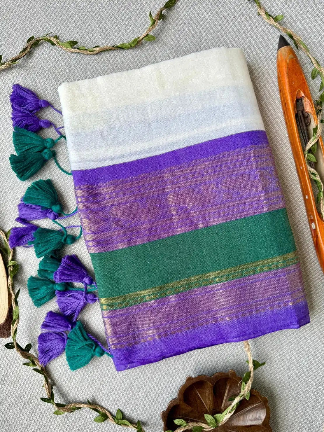 Ivory Grace: Pure Mul Cotton Saree in Off-White with Rama Green, Lavender & Zari Kanchi Border