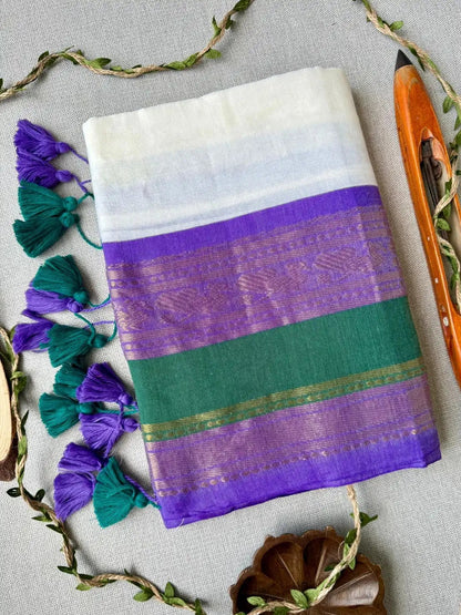 Ivory Grace: Pure Mul Cotton Saree in Off-White with Rama Green, Lavender & Zari Kanchi Border