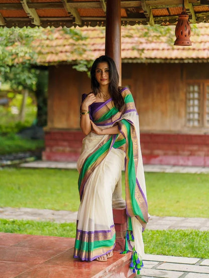 Ivory Grace: Pure Mul Cotton Saree in Off-White with Rama Green, Lavender & Zari Kanchi Border