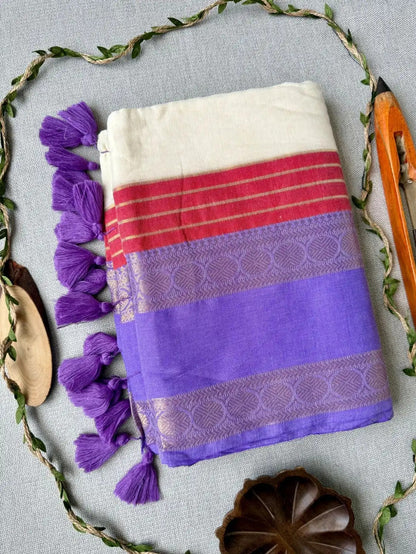 Ethereal Grace: Off-White Mul Cotton Saree with Royal Purple & Coral Kanchi Borders