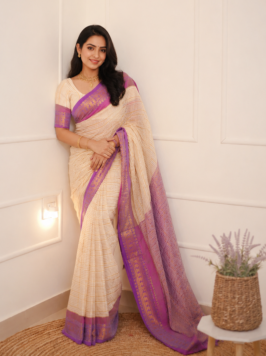 Ethereal Elegance: Lavender & Gold Striped Mul Cotton Saree