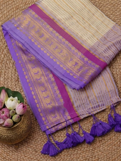 Ethereal Elegance: Lavender & Gold Striped Mul Cotton Saree