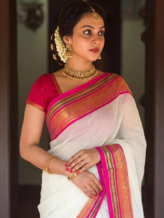 Timeless Radiance: Off-White Mul Cotton Saree with Pale Pink & Peacock Green Kanchi Borders