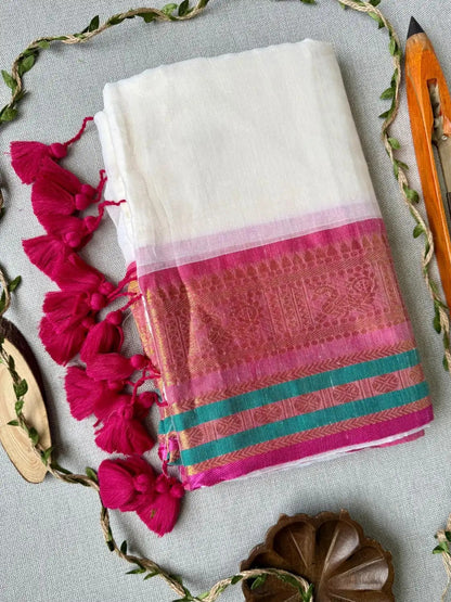 Timeless Radiance: Off-White Mul Cotton Saree with Pale Pink & Peacock Green Kanchi Borders