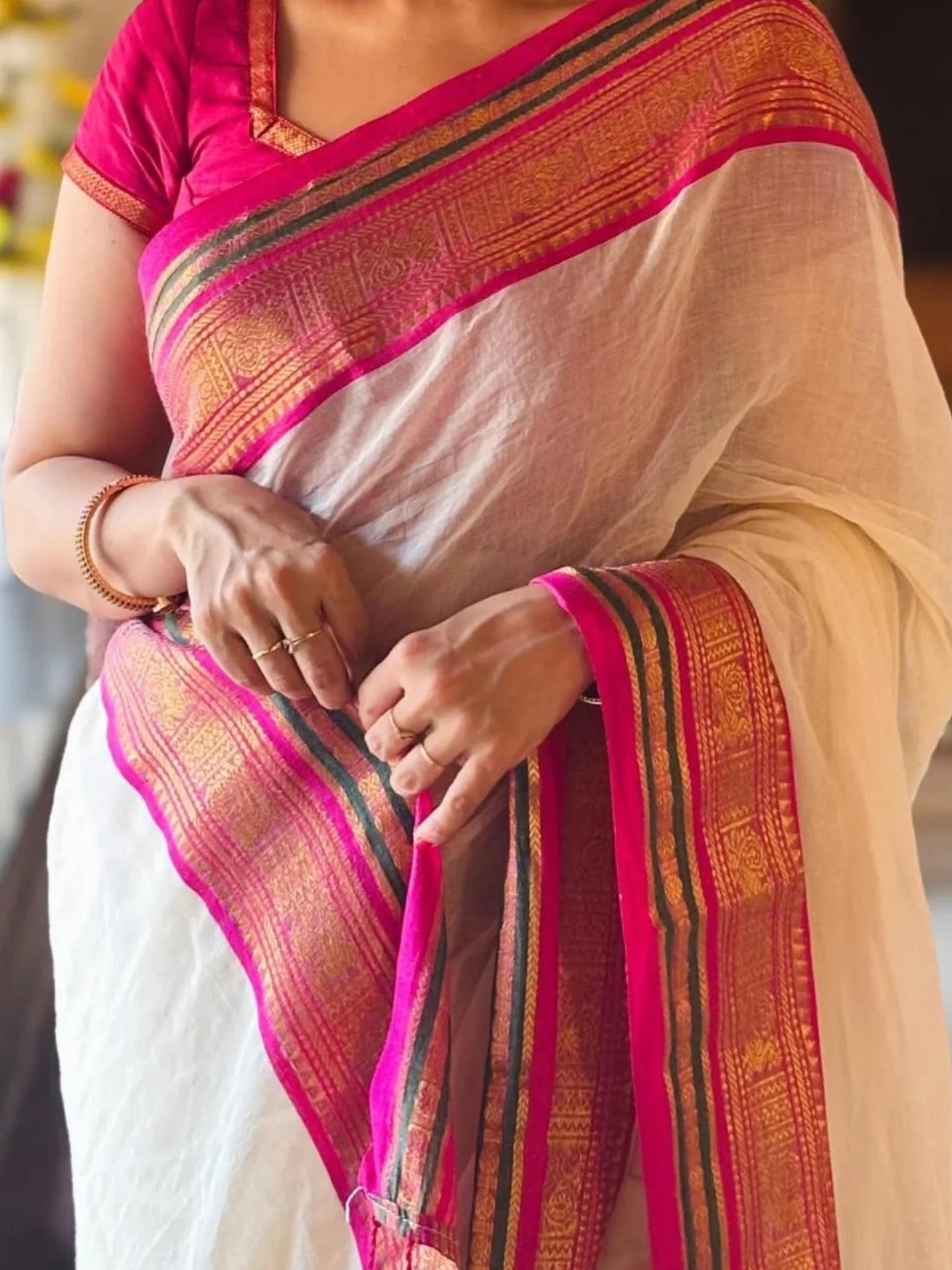Timeless Radiance: Off-White Mul Cotton Saree with Pale Pink & Peacock Green Kanchi Borders