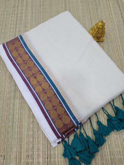 Sophisticated Elegance: Cream Mul Cotton Saree with Peacock Green, Coffee Brown & Traditional Rudraksha Borders