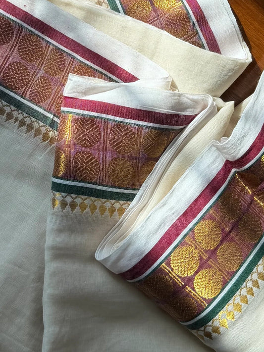 Sophisticated Elegance: Cream Mul Cotton Saree with Peacock Green, Coffee Brown & Traditional Rudraksha Borders
