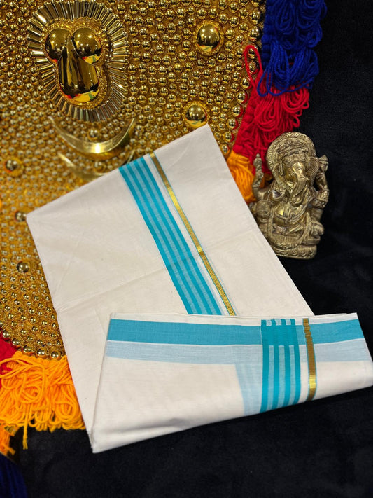 Off-white/cream Kasavu Mundu - Gold & Aqua Blue