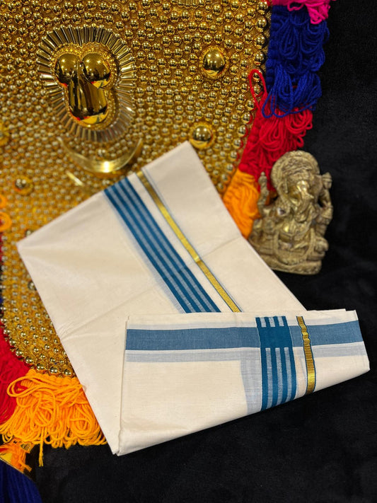 Off-white/cream Kasavu Mundu - Gold & Teal