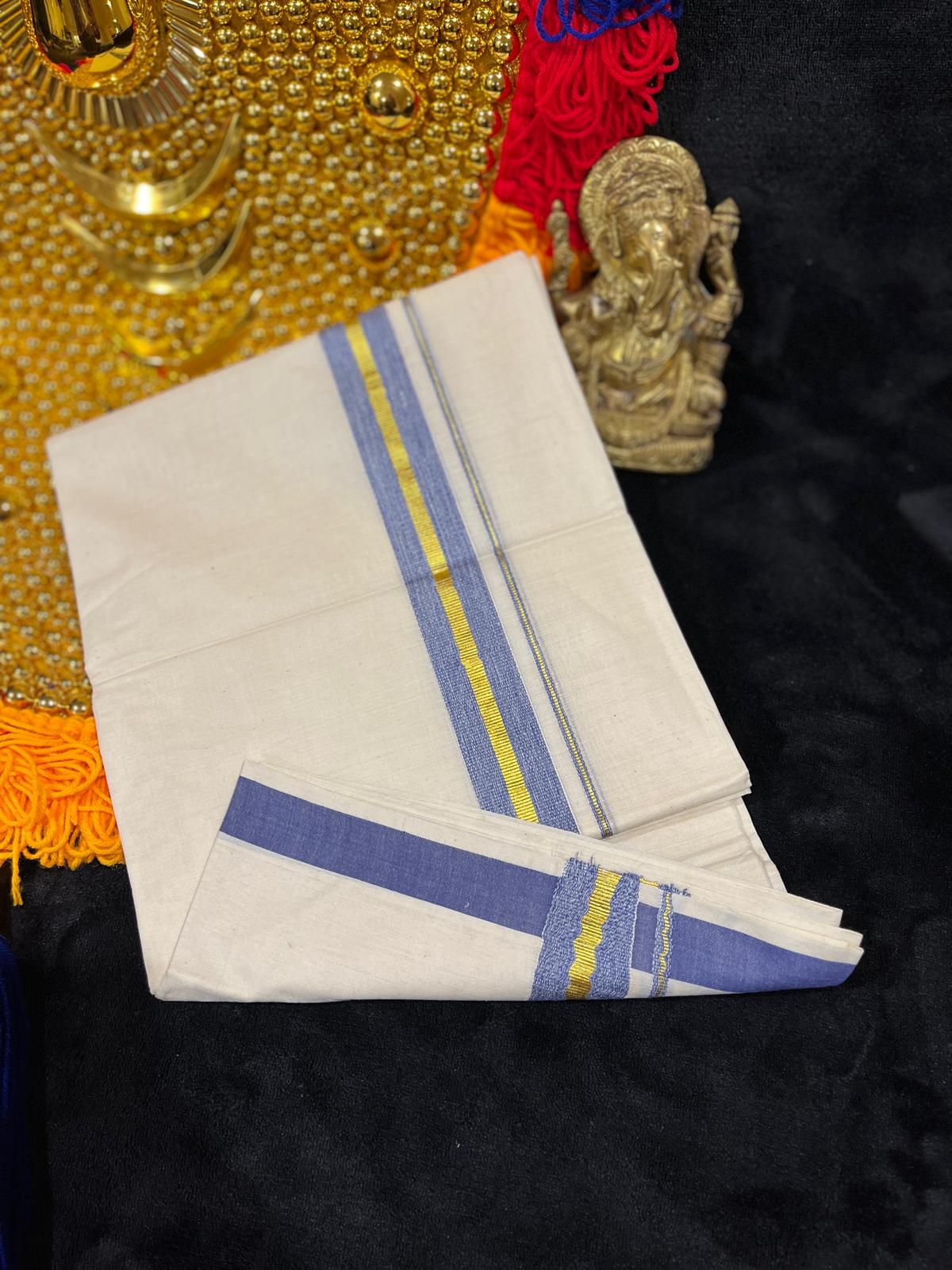 Off-white/cream Kasavu Mundu - Gold & Blue