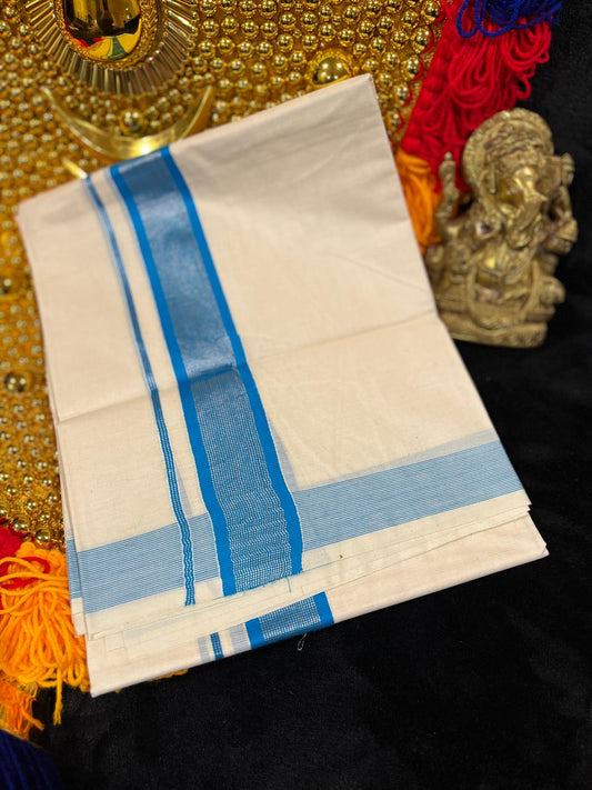 Off-white/cream Kasavu Mundu - Silver & Light Blue