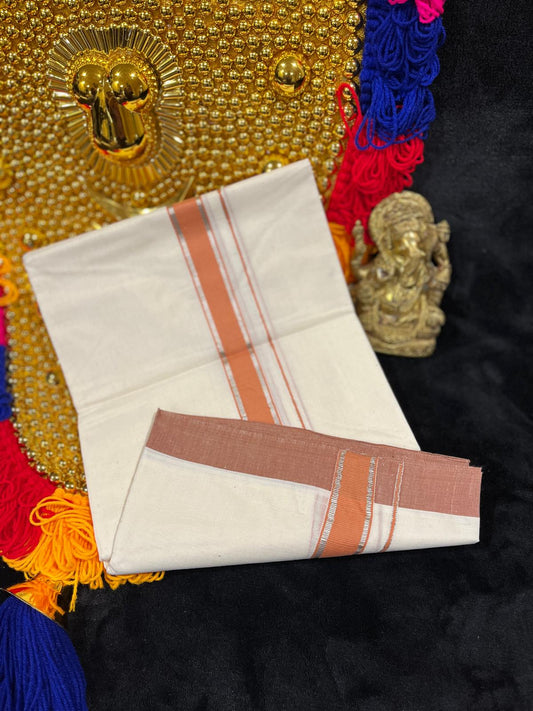 Off-white/cream Kasavu Mundu - Silver & Pale Orange