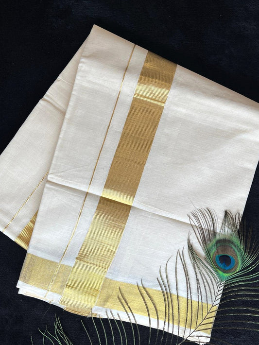 Off-white/cream Kasavu Mundu - Gold Border