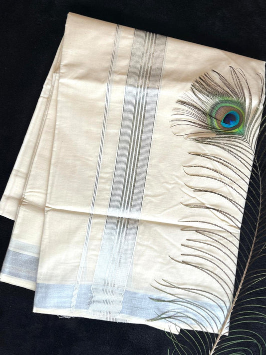 Off-white/cream Kasavu Mundu - Silver Border