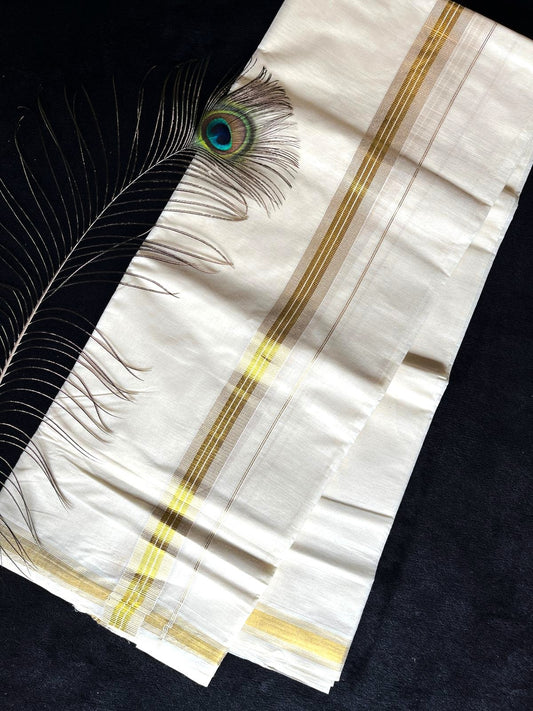 Off-white/cream Kasavu Mundu - Gold Border