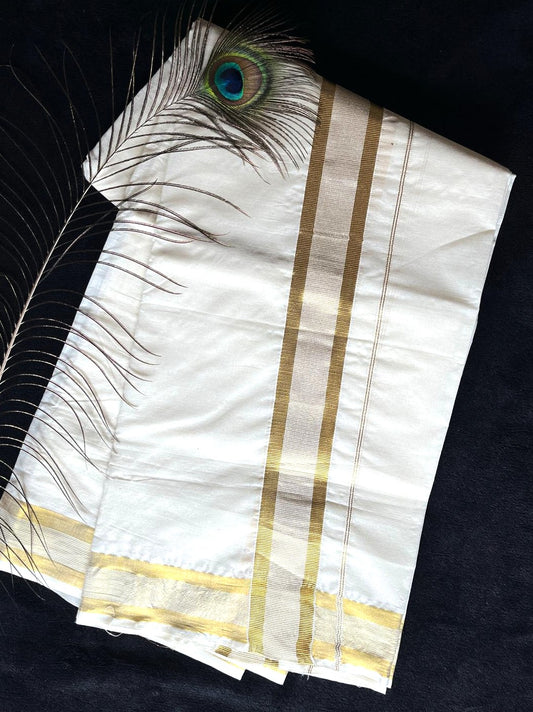 Off-white/cream Kasavu Mundu - Gold Border