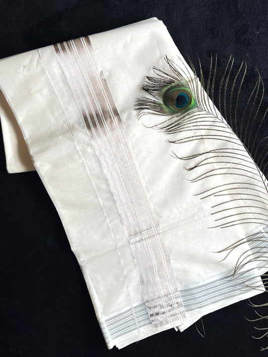 Off-white/cream Kasavu Mundu - Silver Border