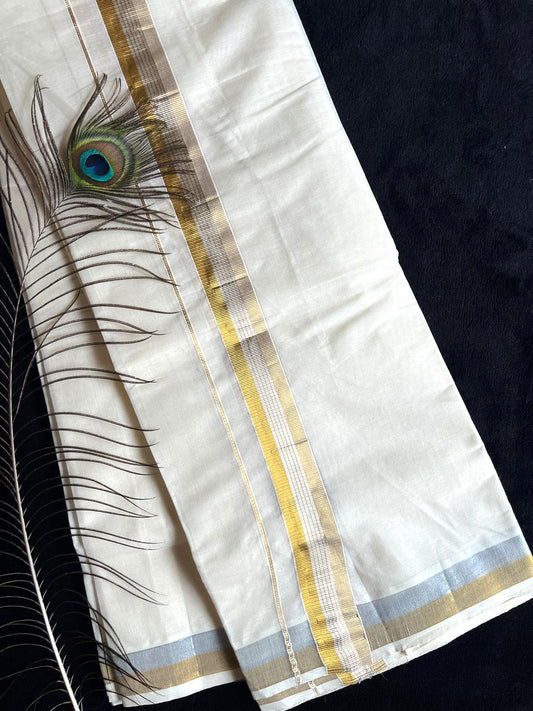 Off-white/cream Kasavu Mundu - Gold & Silver Border