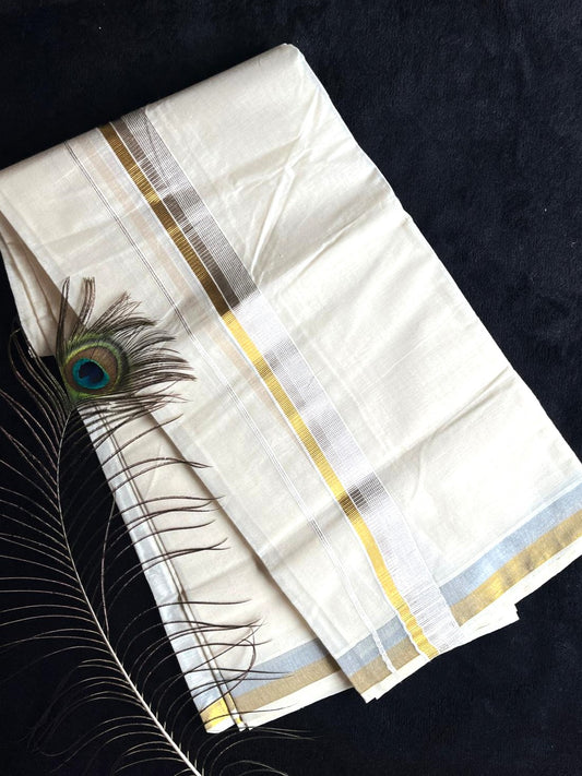 Off-white/cream Kasavu Mundu - Gold & Silver Border