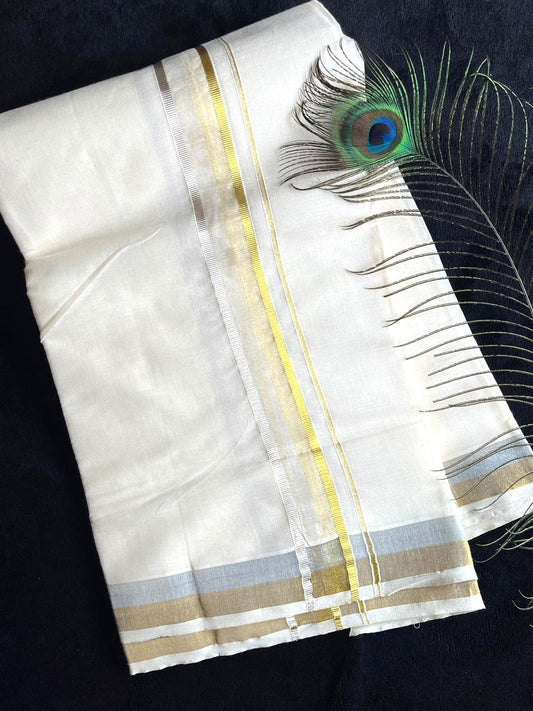 Off-white/cream Kasavu Mundu - Gold & Silver Border