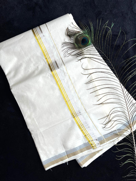 Off-white/cream Kasavu Mundu - Gold & Silver Border