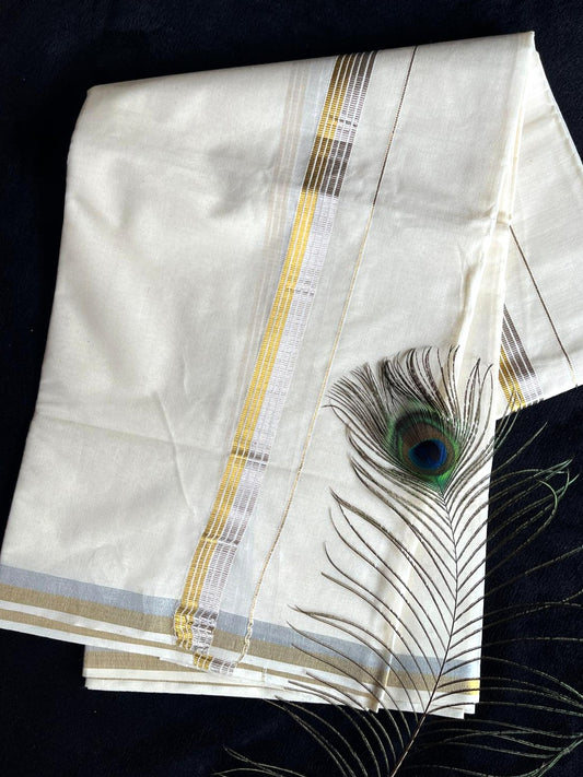 Off-white/cream Kasavu Mundu - Gold & Silver Border