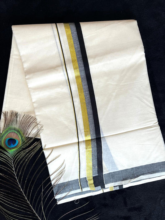 Off-white/cream Kasavu Mundu - Gold & Black