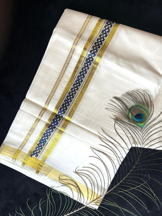 Off-white/cream Kasavu Mundu - Gold & Navy Blue