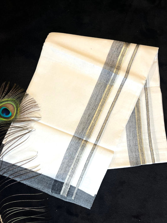 Bleached/white Kasavu Mundu - Silver & Grey