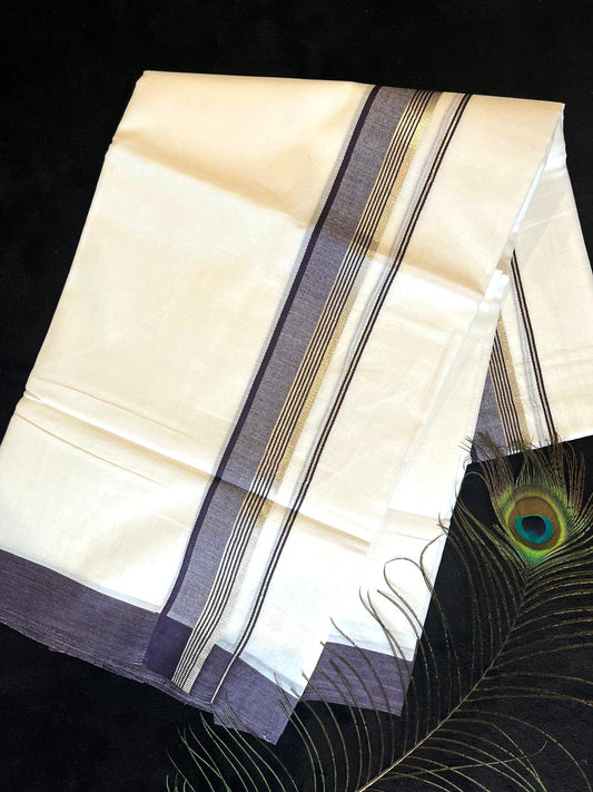 Bleached/white Kasavu Mundu - Silver & Dark Grape